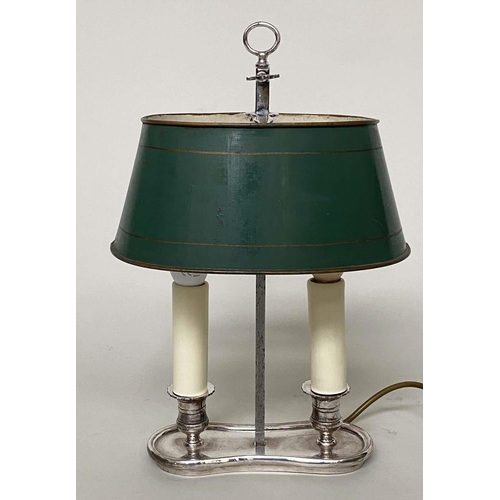 106 - BOUILLOTTE TABLE LAMP, early 20th century silver plated with adjustable oval green toleware shade, 3... 