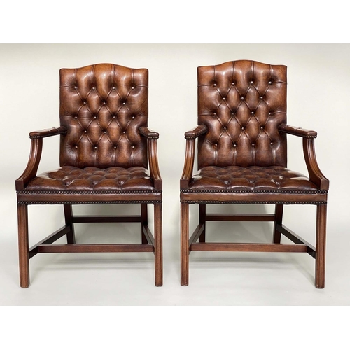 107 - GAINSBOROUGH STYLE LIBRARY ARMCHAIRS, a pair, mahogany with buttoned tan brown leather throughout, 6... 