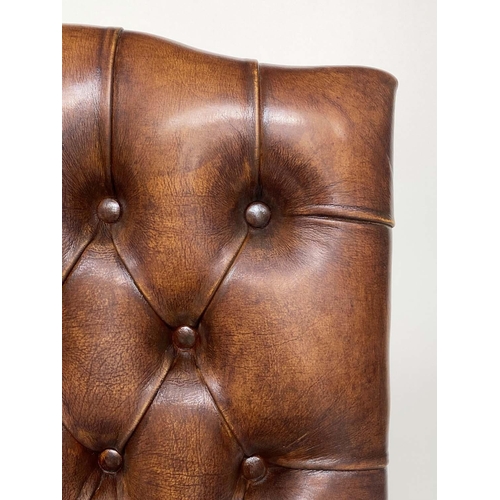 107 - GAINSBOROUGH STYLE LIBRARY ARMCHAIRS, a pair, mahogany with buttoned tan brown leather throughout, 6... 