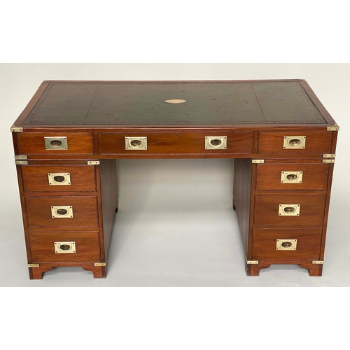 108 - CAMPAIGN STYLE DESK, 1970s mahogany and brass bound with tooled leather writing surface, twin pedest... 