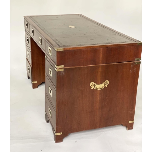 108 - CAMPAIGN STYLE DESK, 1970s mahogany and brass bound with tooled leather writing surface, twin pedest... 