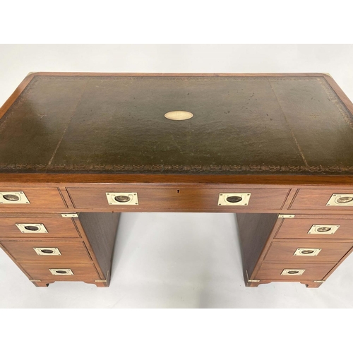 108 - CAMPAIGN STYLE DESK, 1970s mahogany and brass bound with tooled leather writing surface, twin pedest... 