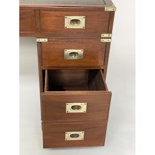 108 - CAMPAIGN STYLE DESK, 1970s mahogany and brass bound with tooled leather writing surface, twin pedest... 