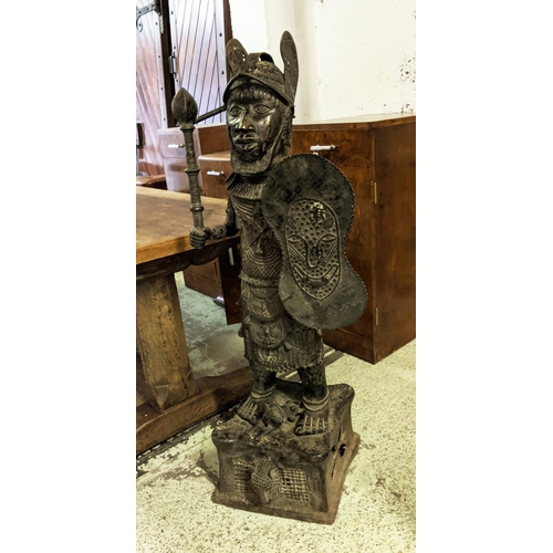 11 - BENIN BRONZE WARRIOR STATUE OF OBA KING, 123cm H, Nigeria.