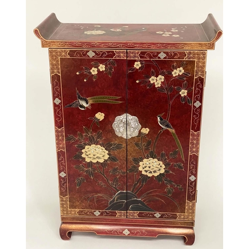 111 - CHINESE SIDE CABINET, scarlet lacquered and gilt Chinoiserie decorated and silvered metal with two p... 