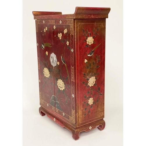 111 - CHINESE SIDE CABINET, scarlet lacquered and gilt Chinoiserie decorated and silvered metal with two p... 