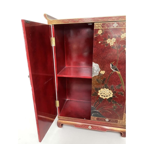 111 - CHINESE SIDE CABINET, scarlet lacquered and gilt Chinoiserie decorated and silvered metal with two p... 