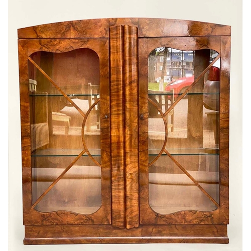 113 - ART DECO DISPLAY CASE, figured walnut with arched top and two astragal glazed doors, 108cm W x 117cm... 