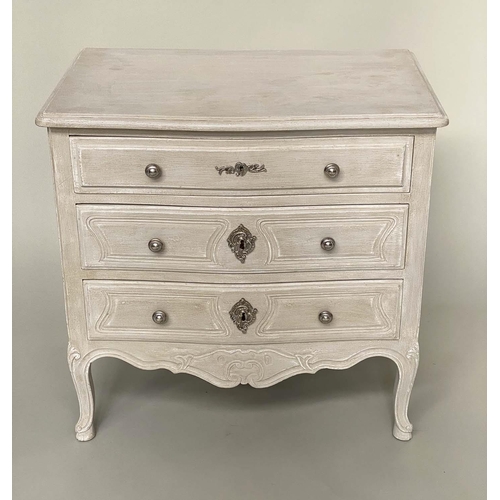 117 - COMMODE, French Louis XV style grey painted and silvered metal mounted with three long drawers, 74cm... 