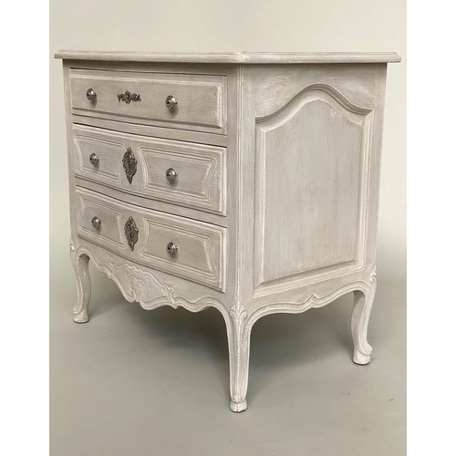 117 - COMMODE, French Louis XV style grey painted and silvered metal mounted with three long drawers, 74cm... 