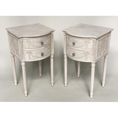 119 - BEDSIDE/LAMP TABLES, a pair, French Louis XVI style grey painted, bowfronted with two drawers and sw... 