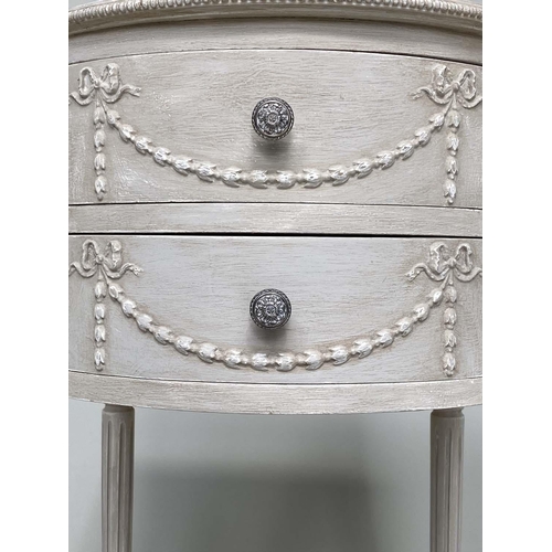 119 - BEDSIDE/LAMP TABLES, a pair, French Louis XVI style grey painted, bowfronted with two drawers and sw... 