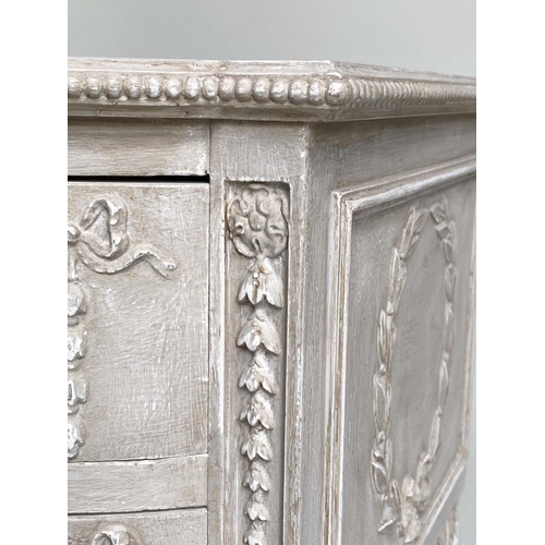 119 - BEDSIDE/LAMP TABLES, a pair, French Louis XVI style grey painted, bowfronted with two drawers and sw... 