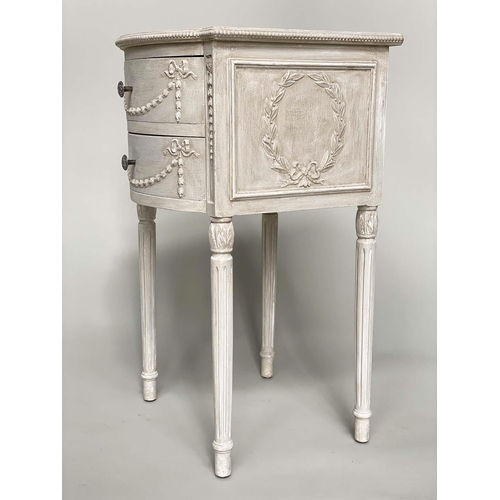 119 - BEDSIDE/LAMP TABLES, a pair, French Louis XVI style grey painted, bowfronted with two drawers and sw... 