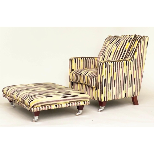 120 - ARMCHAIR AND STOOL, 1960s style yellow and black striped, 92cm H x 80cm W, with matching stool, 28cm... 