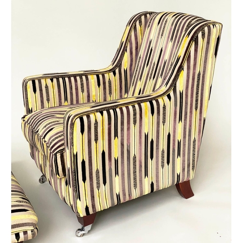 120 - ARMCHAIR AND STOOL, 1960s style yellow and black striped, 92cm H x 80cm W, with matching stool, 28cm... 