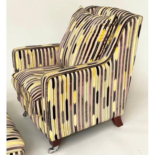 120 - ARMCHAIR AND STOOL, 1960s style yellow and black striped, 92cm H x 80cm W, with matching stool, 28cm... 