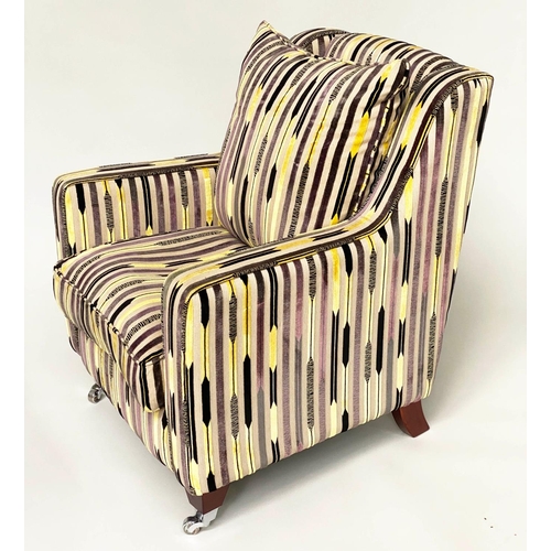 120 - ARMCHAIR AND STOOL, 1960s style yellow and black striped, 92cm H x 80cm W, with matching stool, 28cm... 