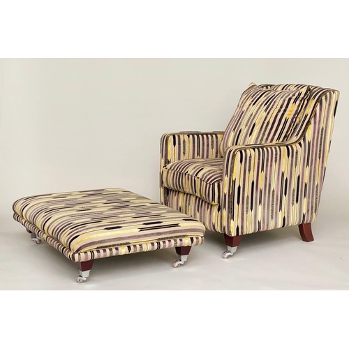 120 - ARMCHAIR AND STOOL, 1960s style yellow and black striped, 92cm H x 80cm W, with matching stool, 28cm... 