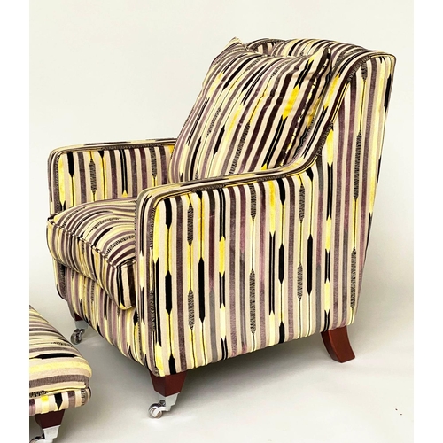 120 - ARMCHAIR AND STOOL, 1960s style yellow and black striped, 92cm H x 80cm W, with matching stool, 28cm... 