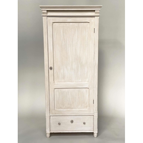 121 - ARMOIRE, French style grey painted with panelled door enclosing hanging space above a drawer, 81cm x... 