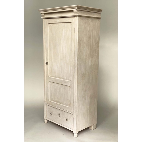 121 - ARMOIRE, French style grey painted with panelled door enclosing hanging space above a drawer, 81cm x... 