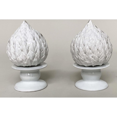 122 - OBELISKS, a pair, Spanish white ceramic leaf form, 23cm H. (2)