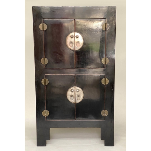 123 - CHINESE LINEN CABINET, 210cm H x 119cm W x 56cm D, black lacquered and silvered metal mounted with t... 