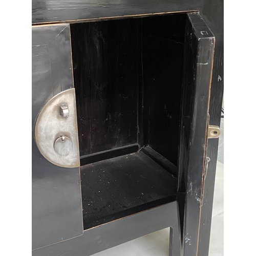 123 - CHINESE LINEN CABINET, 210cm H x 119cm W x 56cm D, black lacquered and silvered metal mounted with t... 