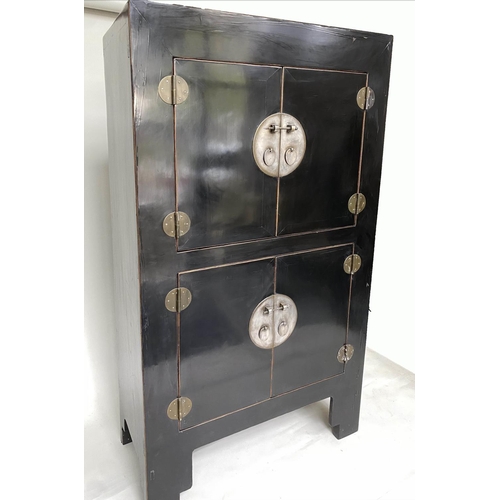 123 - CHINESE LINEN CABINET, 210cm H x 119cm W x 56cm D, black lacquered and silvered metal mounted with t... 