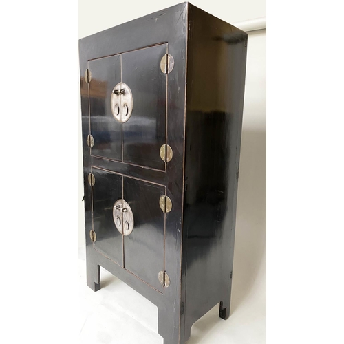 123 - CHINESE LINEN CABINET, 210cm H x 119cm W x 56cm D, black lacquered and silvered metal mounted with t... 