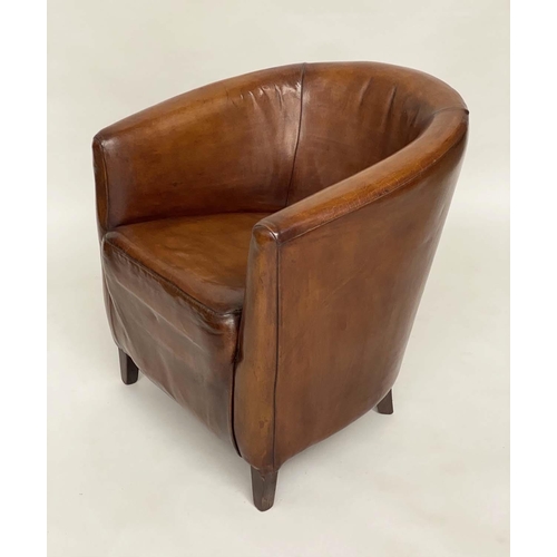 125 - TUB ARMCHAIR, stitched mid brown leather upholstered with rounded back and arms, 70cm W.