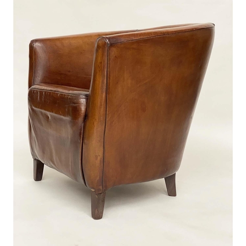 125 - TUB ARMCHAIR, stitched mid brown leather upholstered with rounded back and arms, 70cm W.