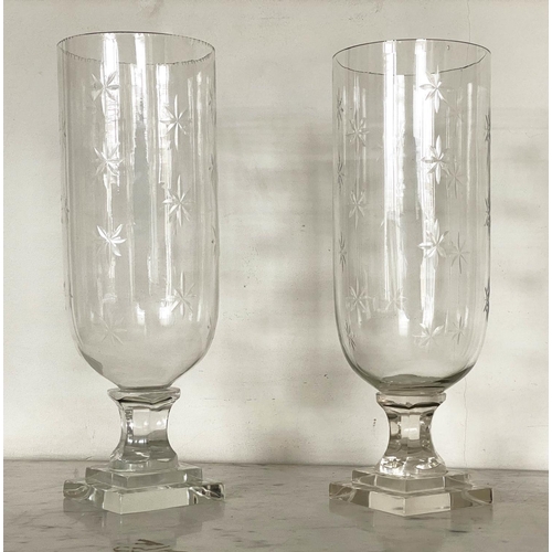 126 - STORM LANTERNS, a pair engraved cut glass each with facetted stepped base, 40cm H. (2)