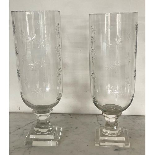 126 - STORM LANTERNS, a pair engraved cut glass each with facetted stepped base, 40cm H. (2)