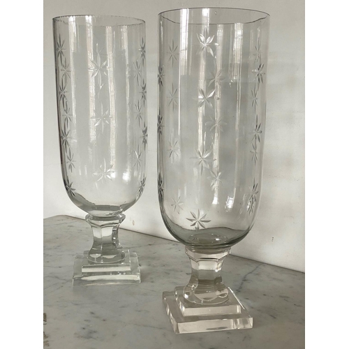 126 - STORM LANTERNS, a pair engraved cut glass each with facetted stepped base, 40cm H. (2)