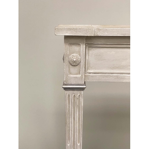 127 - CONSOLE TABLE, French Louis XVI style grey painted with fluted supports and rosette frieze, 80cm x 4... 