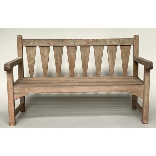 129 - GARDEN BENCH, weathered teak of slatted construction with triangular splat back, 140cm W.