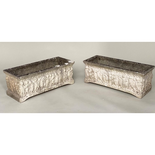 130 - GARDEN PLANTERS, a pair, well weathered reconstituted stone each rectangular with Classical frieze, ... 