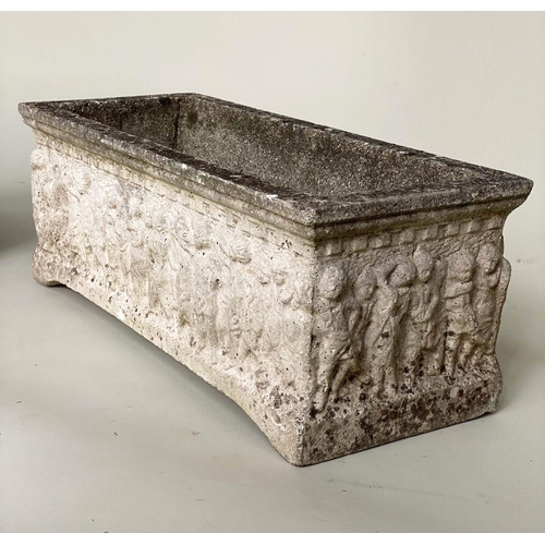 130 - GARDEN PLANTERS, a pair, well weathered reconstituted stone each rectangular with Classical frieze, ... 