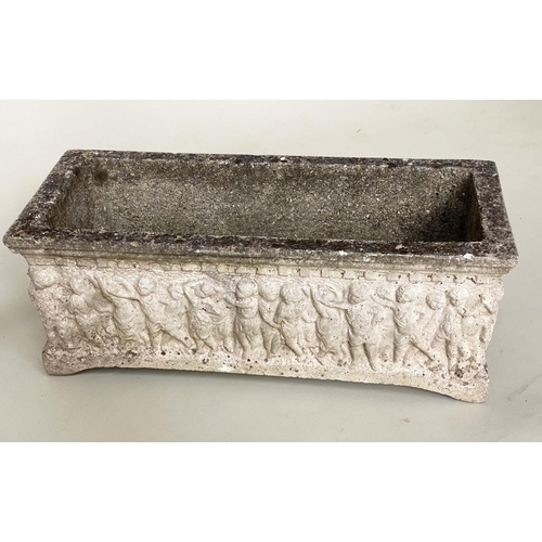 130 - GARDEN PLANTERS, a pair, well weathered reconstituted stone each rectangular with Classical frieze, ... 