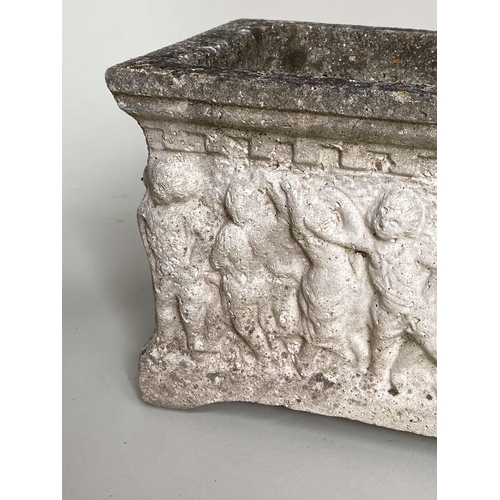 130 - GARDEN PLANTERS, a pair, well weathered reconstituted stone each rectangular with Classical frieze, ... 