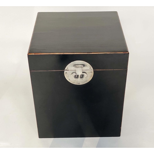 260 - TRUNK, black lacquered Chinese with silvered metal mounts and rising lid, 50cm x 50cm x 60cm H.