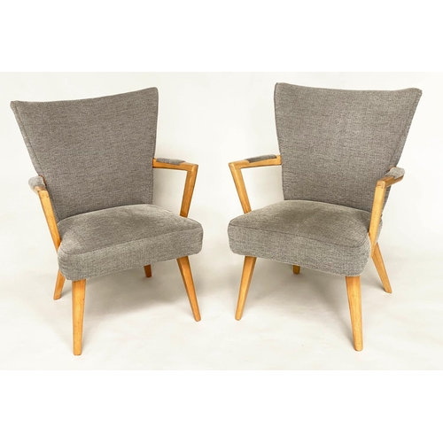 264 - ARMCHAIRS, a pair, 1970s beech framed and grey weave upholstered with angular arms and splay support... 