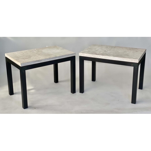 268 - SIDE TABLES, a pair, 1970s style rectangular travertine on lacquered metal supports, 52cm D x 77cm W... 