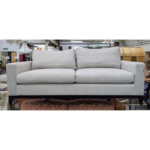 275 - SOFA, 207cm W, grey fabric upholstered, ebonised base, 206cm x 90cm x 75cm.