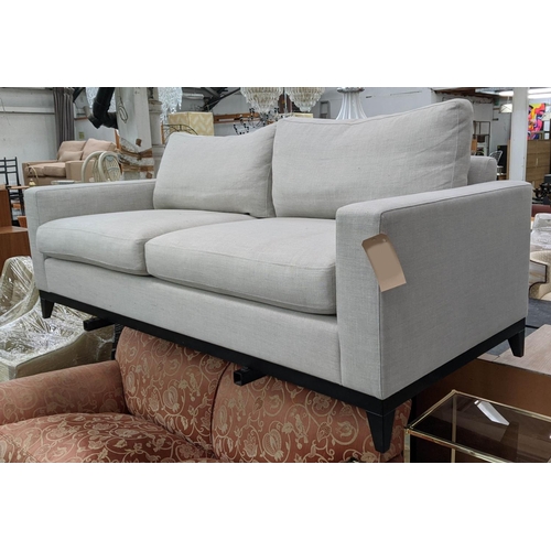 275 - SOFA, 207cm W, grey fabric upholstered, ebonised base, 206cm x 90cm x 75cm.