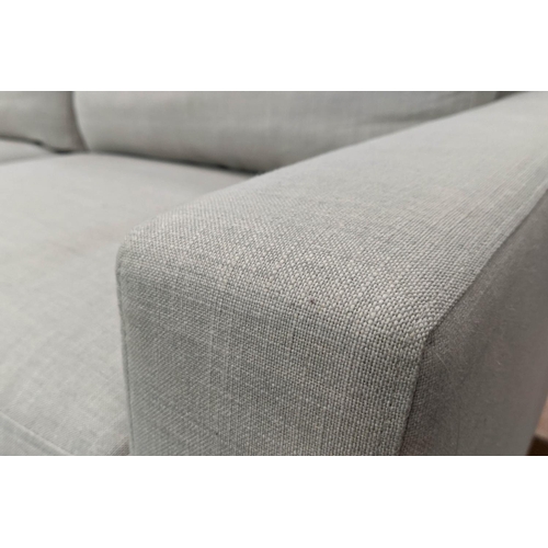 275 - SOFA, 207cm W, grey fabric upholstered, ebonised base, 206cm x 90cm x 75cm.