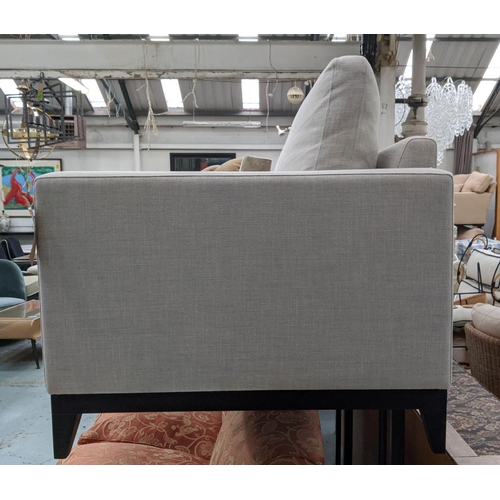 275 - SOFA, 207cm W, grey fabric upholstered, ebonised base, 206cm x 90cm x 75cm.