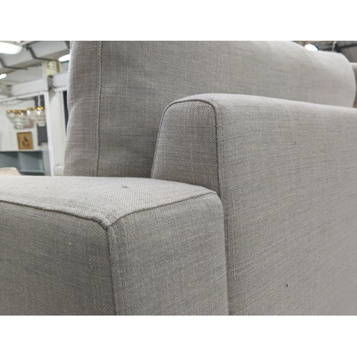 275 - SOFA, 207cm W, grey fabric upholstered, ebonised base, 206cm x 90cm x 75cm.